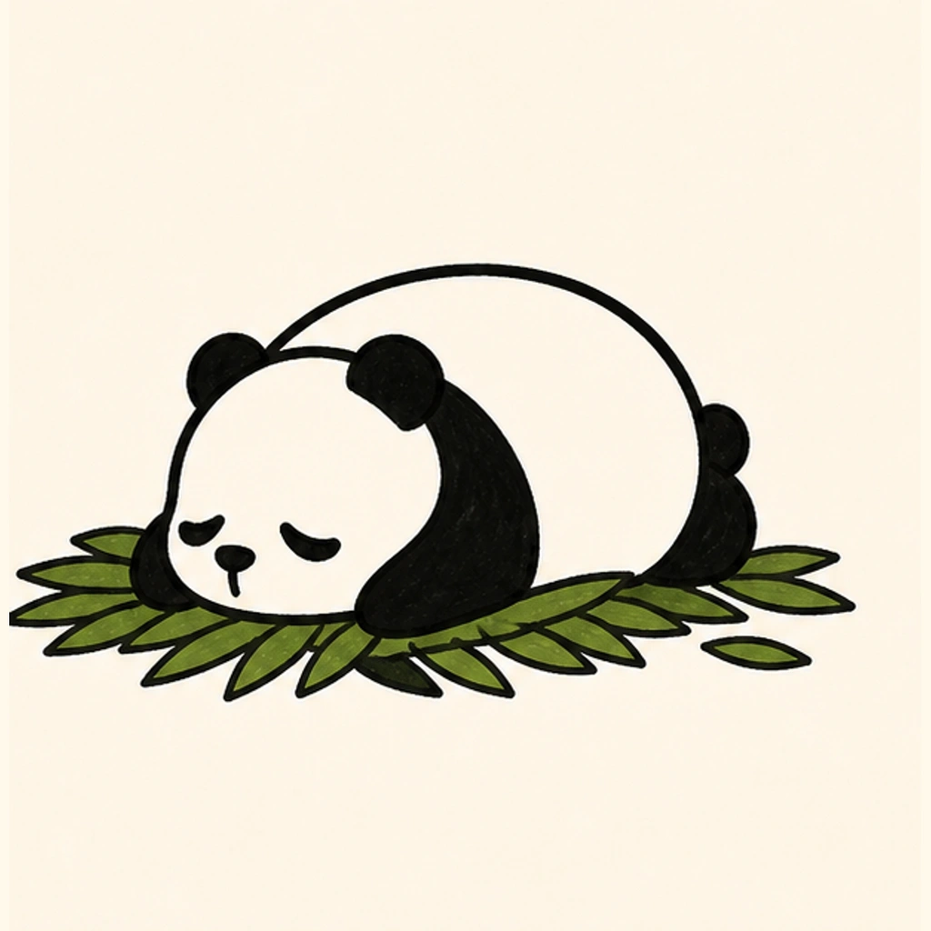 Bao asleep on a bed of bamboo leaves.